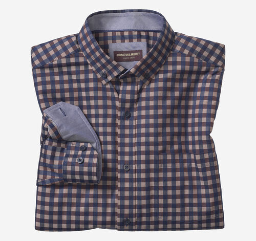 Button-Collar Premium Cotton Shirt - Navy/Brown Gingham