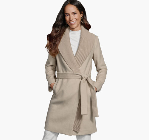 Wool-Blend Coat with Removable Knit Collar - Taupe