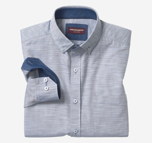 Long-Sleeve Twill Checked Shirt - Blue/Gray Striated Oxford
