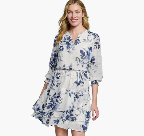 Tiered V-Neck Print Dress - Blue