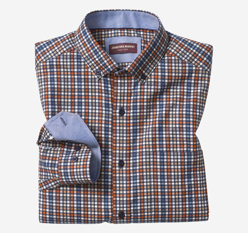 Long-Sleeve Twill Checked Shirt - Rust/Blue Outlined Check