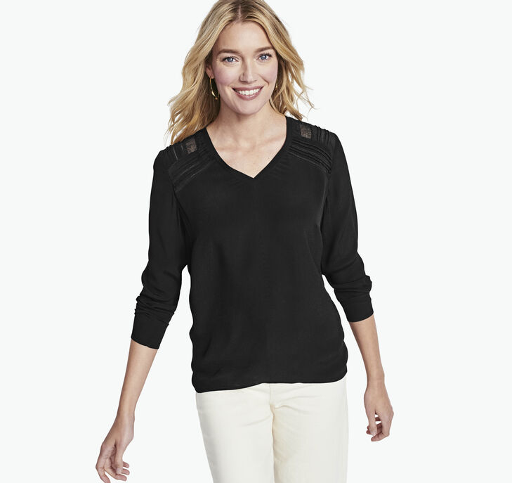 Johnston & Murphy Mixed Media V-Neck Blouse. 1