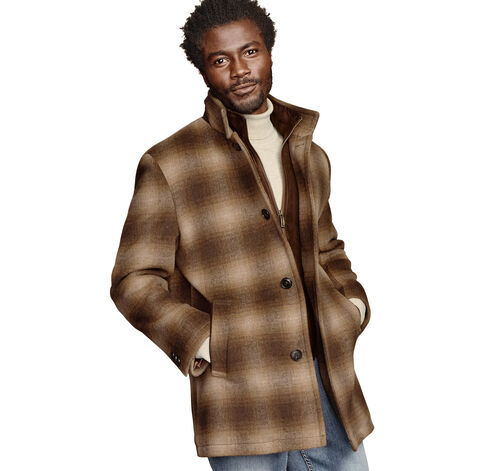 Plaid Wool-Blend Car Coat with Bib