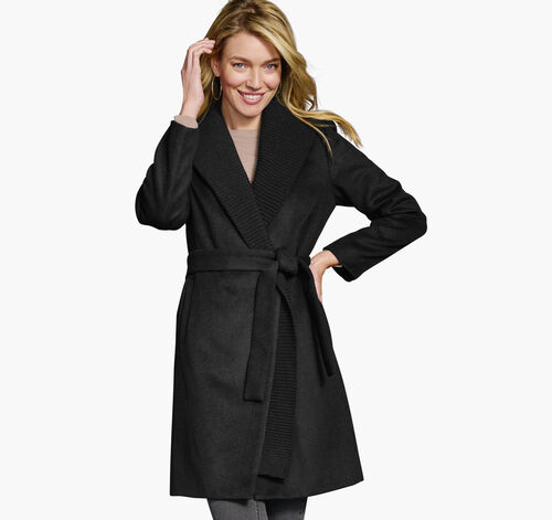 Wool-Blend Coat with Removable Knit Collar - Black
