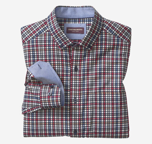 Long-Sleeve Twill Checked Shirt - Berry/Blue Outlined Check