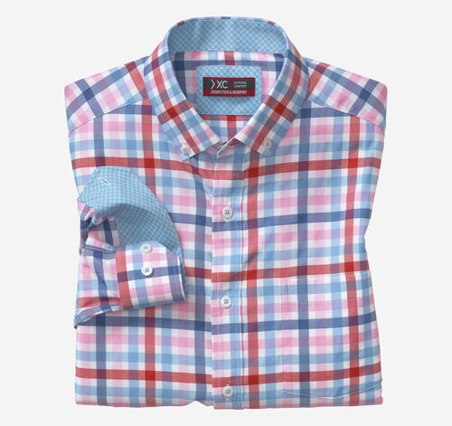 XC4® Long-Sleeve Stretch-Woven Shirt - Blue/Red Large Multi Check