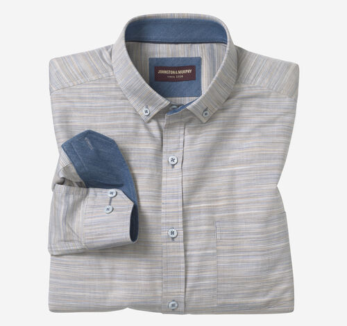 Long-Sleeve Twill Checked Shirt - Blue/Tan Striated Oxford