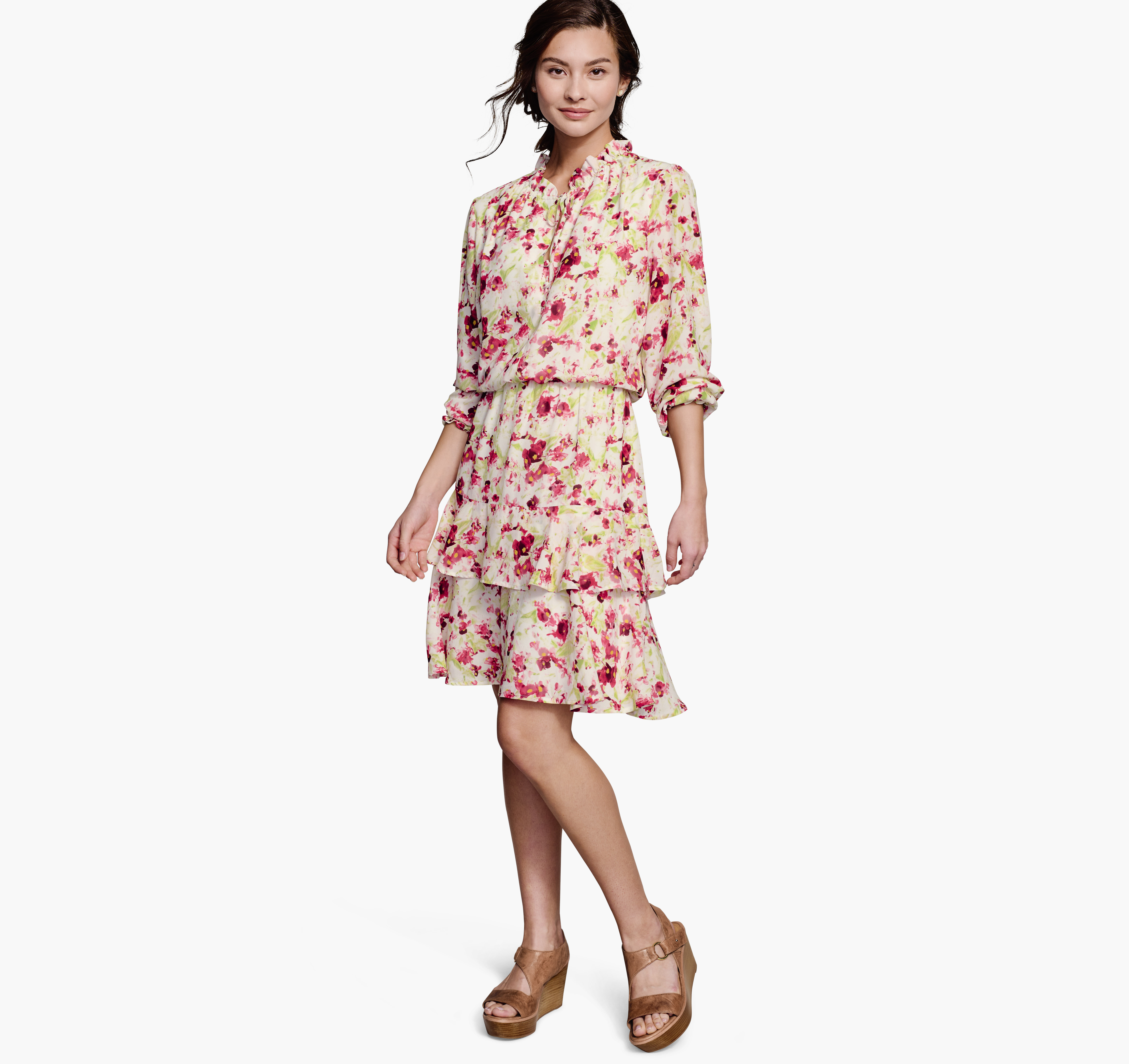 Floral-Print Long-Sleeve Ruffled Dress image number null